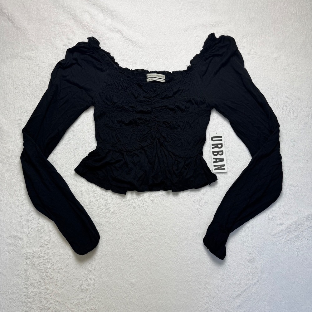 Urban Outfitters Black Smocked Long Sleeve Peplum Top Sweetheart Neck Ruffle XS